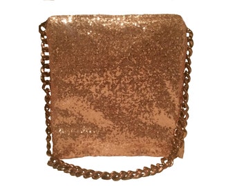 Rose Gold Pink Sequin Chain Strap Holiday Cross Body Shoulder Bag