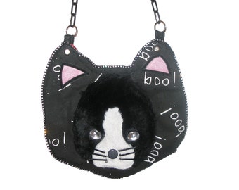 Halloween Boo Boo Kitty Purse with Clear Gemstone Eyes and Black Chain