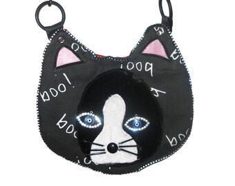 Halloween Boo Boo Kitty Purse With Blue Cat Eyes and Black Chain Strap