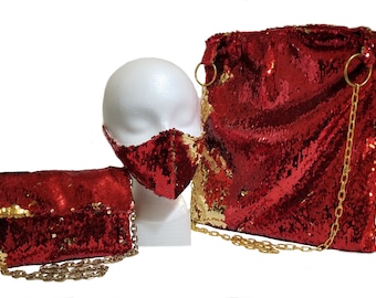 Bolso de máscara de lentejuelas volteadas rojas y doradas y juego de bolsos de hombro