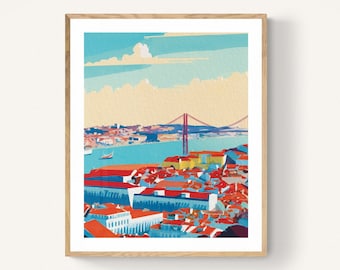 Stampa artistica dello skyline della città di Lisbona, decorazione murale di viaggio europeo, pittura di paesaggio urbano, arte murale di Lisbona, stampa portoghese, stampa di viaggio