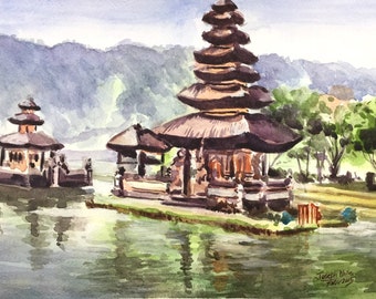 Bali Temple, Indonesia, Pura Ulun Danu, Bratan lake, Balinese art, Balinese temple painting, Watercolor painting, Indonesian Painting,