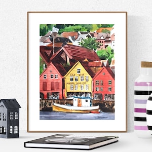 Art nordique, impression de Norvège, impression du vieux quai de Bergen, impression d&#39;art aquarelle, peinture de Bergen, art scandinave, décoration d&#39;intérieur nordique, art moderne