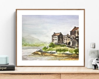 Pintura del castillo de Eilean Donan, arte mural original de Escocia, pintura de acuarela, Tierras Altas de Escocia, decoración de la sala de estar, paisaje escocés