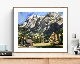 Schweizer Alpen Malerei, Berg Aquarell Malerei, Natur Bergwand Kunst, Schweiz Malerei, Schweizer Kunst, Original Kunst, Weihnachtsgeschenk