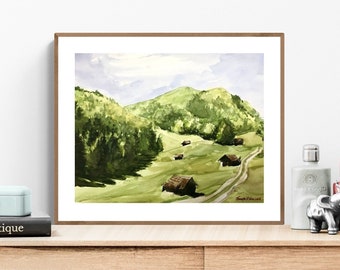 スイスアルプスの水彩画：牧草地の牛の風景画 - Etsy 日本