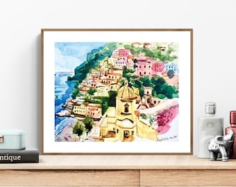 Akvarellkonsttryck av Positano, Tryck av Amalfikusten, Italiensk konst, Målning av Positano, Väggkonst av Amalfikusten, Tryck av havsvägg, Italiensk akvarell