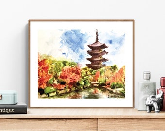 Kyoto Temple Print, Japan Watercolor Art Print, Kyoto Painting, Kyoto Wall Art, Japan Wall Decor, Kyoto Travel, Kyoto Art Print, Temple Art