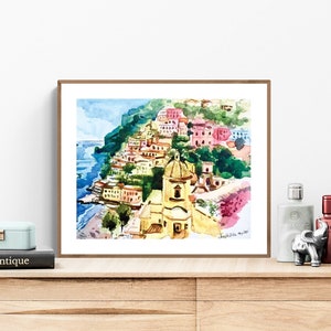 ポジターノ水彩画アートプリント、アマルフィ海岸プリント、イタリアアート、ポジターノ絵画、アマルフィ海岸ウォールアート、海の壁プリント、イタリア水彩画 画像 1