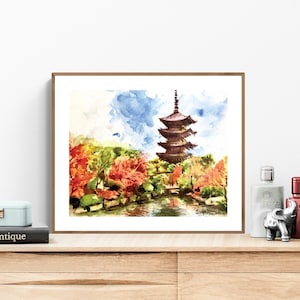 Impresión del templo de Kioto, impresión artística de acuarela de Japón, pintura de Kioto, arte mural de Kioto, decoración de pared de Japón, viaje a Kioto, impresión artística de Kioto, arte del templo