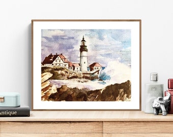 Seaside Lighthouse Print, Watercolor Art Print, Maritime Art, Lighthouse Wall Art, Coastal Wall Decor, Lighthouse Painting, Christmas Gift