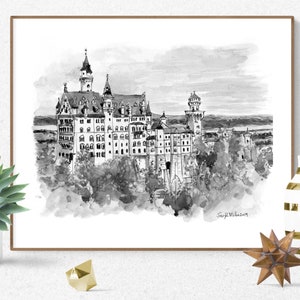 Neuschwanstein Castle Watercolor Print, Germany Castle Art, Landscape Print, Architecture Art, Neuschwanstein Art, Black And White Print
