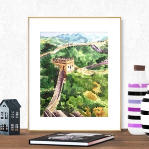 Great Wall of China, Watercolor Art Print, Asian Landscape