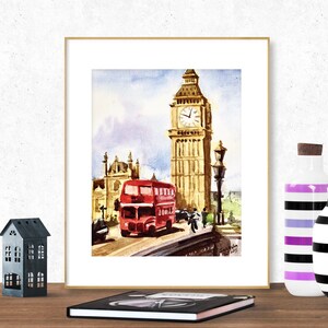 London Watercolor Print, London Art, London Painting, Big Ben Art Print, Red Bus London Print, London Watercolor Art, London Print Decor