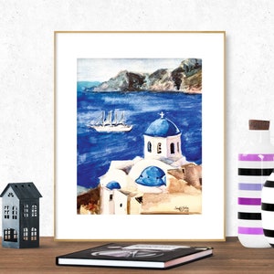 Impression d&#39;art de Santorin, aquarelle de Santorin, peinture de Santorin, aquarelle de Grèce, décoration murale de Grèce, art mural méditerranéen, cadeau grec