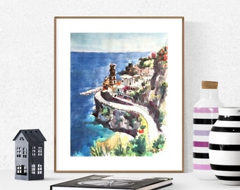 Amalfi Coast Print, Italian Wall Art, Watercolor Painting