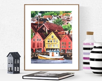 Nordic Art, Norway Print, Bergen Old Wharf Print, Watercolor Art Print, Bergen Painting, Scandinavian Art, Nordic Home Decor, Modern Art