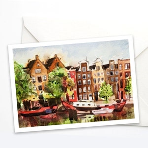 Tarjeta de notas de Ámsterdam, Tarjeta de felicitación de viaje, Tarjeta holandesa, Tarjeta de acuarela, Regalo para amantes de los viajes, Tarjeta de casas del canal, Regalo de Ámsterdam, Casas holandesas