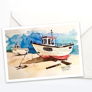 Carte bateaux de pêche, carte de voeux plage, cadeau pêcheur, carte d'anniversaire, carte côtière, carte marine, cadeau marin, carte plage, pêcheur