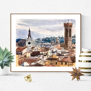 May include: Watercolor painting of a cityscape with a tall tower and a church in the background. The buildings are painted in shades of brown, orange, and yellow. The sky is a light blue with some clouds.