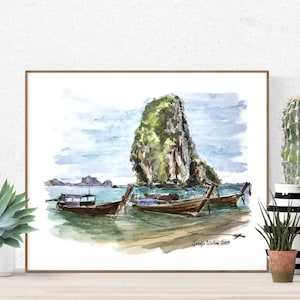 Thailand Beach Art, Phra Nang Krabi Print, Thailand Art, Beach House Print, Watercolor Thailand, Travel Print, Thailand Christmas Gift