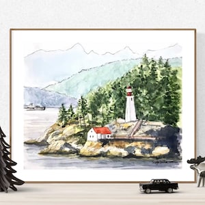 May include: Watercolor painting of a lighthouse on a rocky island with a small house and a boat in the distance. The lighthouse is white with a red roof and is surrounded by green trees. The mountains in the background are blue and purple.