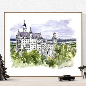 ノイシュヴァンシュタイン城アート、水彩画バイエルンプリント、ドイツの壁装飾、ノイシュヴァンシュタインプリント、バイエルン壁装飾、風景プリント