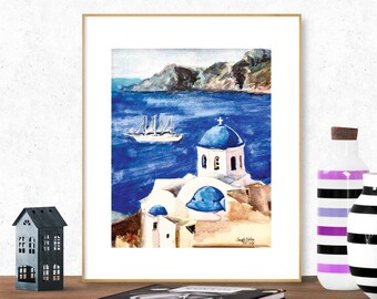 Santorini Art Print, Santorini Watercolor, Santorini Painting, Greece Watercolor Art, Greece Wall Decor, Mediterraean Wall Art, Greek Gift