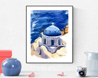 Santorini Art Print, Watercolor Painting, Greek Church