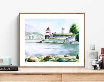 Vancouver Art Print, Stanley Park Lighthouse Art, Watercolor Print, Canadian Westcoast Art, Vancouver Travel Art, Canada Wall Art,Home Decor