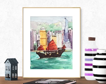 Impresión de Hong Kong, Impresión de arte del puerto, Pintura de Hong Kong, Arte de la pared de Hong Kong, Impresión de viajes de Hong Kong, Horizonte de Hong Kong, Impresión de China, Arte de la ciudad