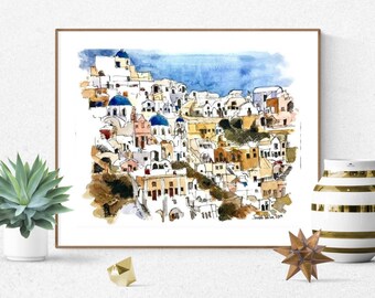 Santorini Watercolor Print, Santorini Poster, Greece Wall Art, Santorini Wall Decor, Watercolor Painting, Santorini Art, Santorini Travel