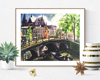 Amsterdam Print, Amsterdam Watercolor Art, Europe Print, Travel Art, Netherlands Wall Print, Dutch Wall Art, Amsterdam Poster, Canal Print