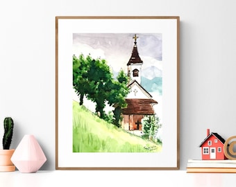 Church Painting, Church Wall Art, Landscape Painting, Church Art, Watercolor Painting, Christian Art, Religious Gift, Country Church Decor