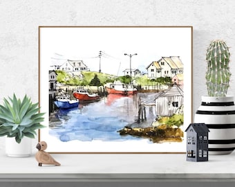 Peggys Cove Print,  Nova Scotia Art, Canadian Art Print, Watercolor Art Print, Nova Scotia Painting, Nova Scotia Wall Art, Village Print