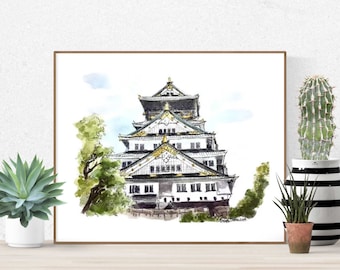 Osaka Castle Print Art, Japan Print, Osaka Wall Decor, Japanese Castle Art, Watercolor Print Art, Osaka Art, Japanese Wall Decor, Castle Art