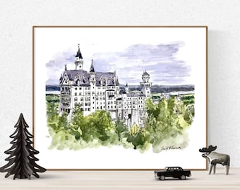 Neuschwanstein Castle Art, Watercolor Bavarian Print, Germany Wall Decor, Neuschwanstein Print, Bavaria Wall Decor, Landscape Print