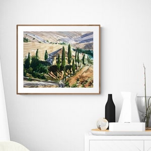 May include: A watercolor painting of a house with a brown roof and green trees in a landscape setting. The house is surrounded by trees and hills, and the sky is a light blue color.