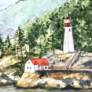 May include: Watercolor painting of a white lighthouse with a red roof, a small white house with a red roof, and green trees on a rocky shore.