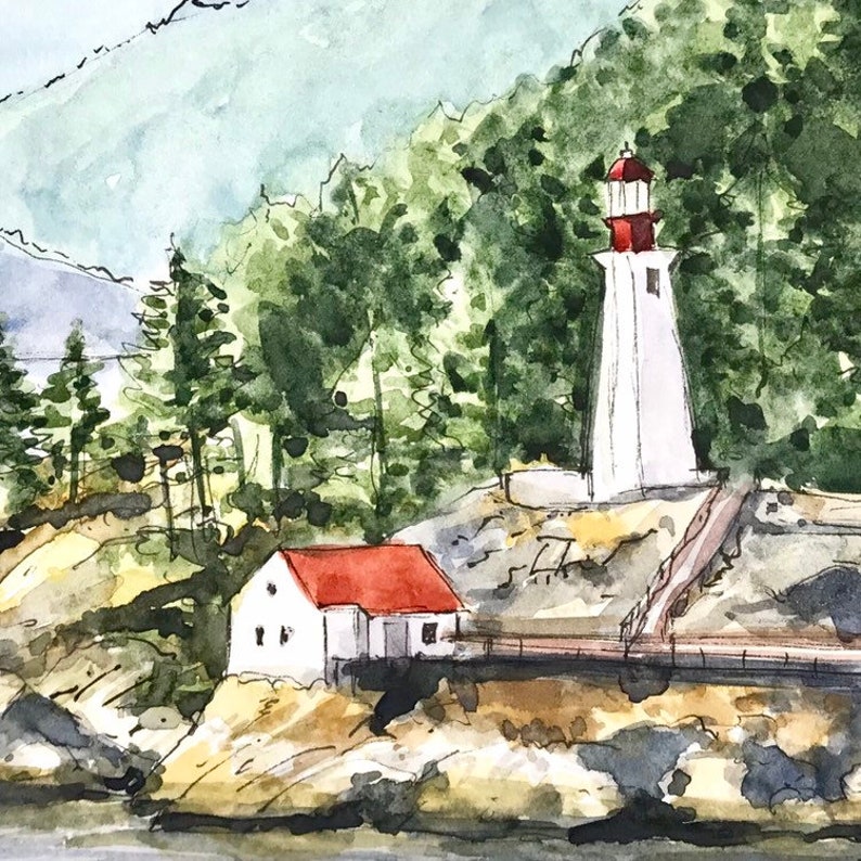 May include: Watercolor painting of a white lighthouse with a red roof, a small white house with a red roof, and green trees on a rocky shore.