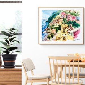 ポジターノ水彩画アートプリント、アマルフィ海岸プリント、イタリアアート、ポジターノ絵画、アマルフィ海岸ウォールアート、海の壁プリント、イタリア水彩画 画像 6