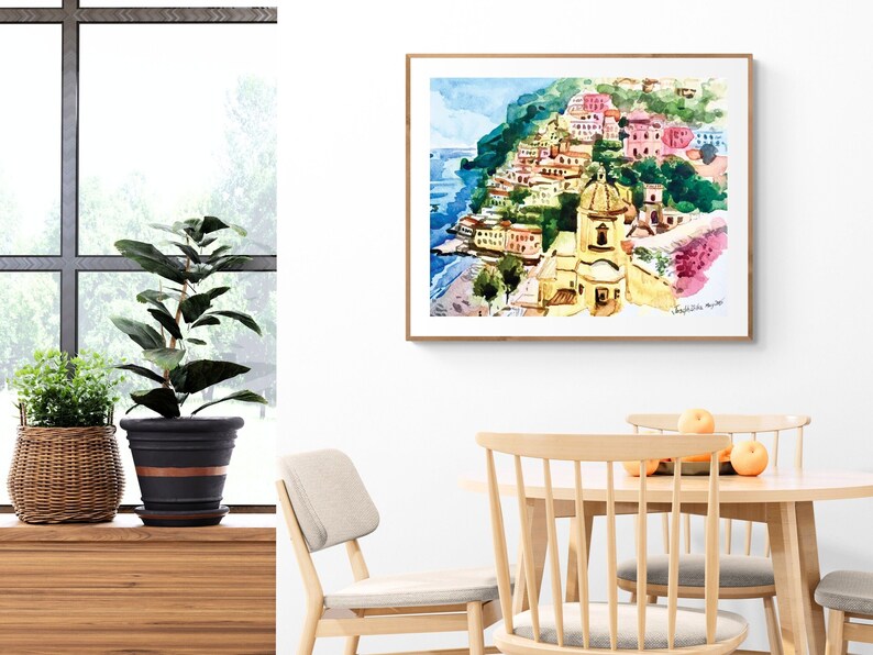 ポジターノ水彩画アートプリント、アマルフィ海岸プリント、イタリアアート、ポジターノ絵画、アマルフィ海岸ウォールアート、海の壁プリント、イタリア水彩画 画像 6