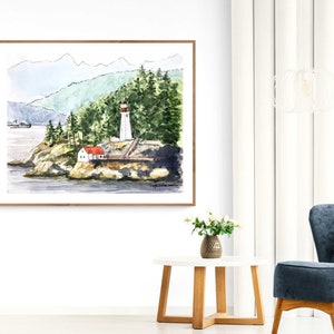May include: Watercolor painting of a lighthouse on a rocky island with a red roofed house and a mountain range in the background.