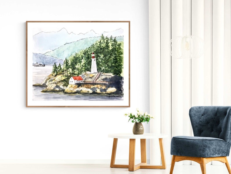 May include: Watercolor painting of a lighthouse on a rocky island with a red roofed house and a mountain range in the background.