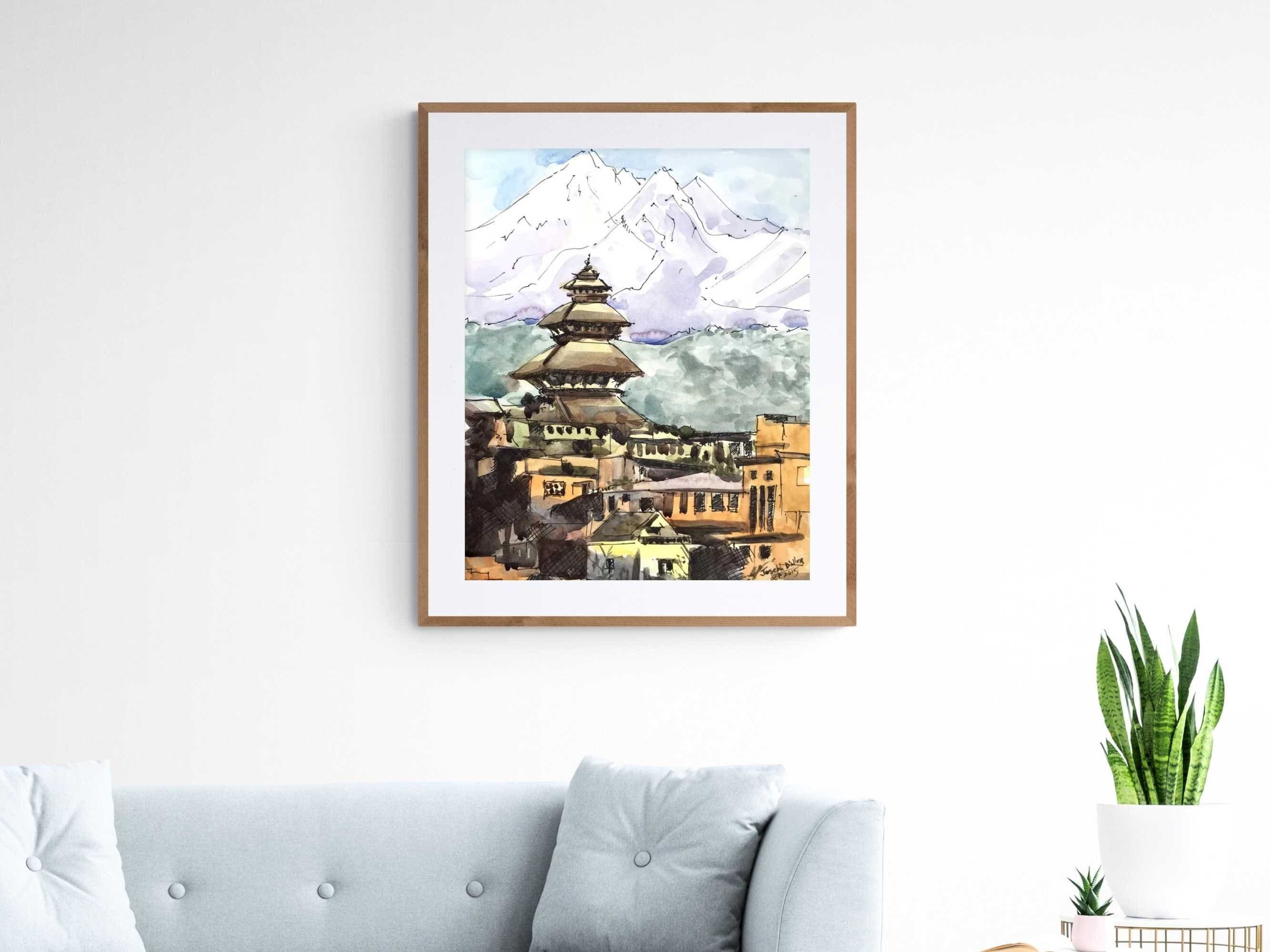 Nepal Art Print, Watercolor Painting, Bhaktapur Temple Print