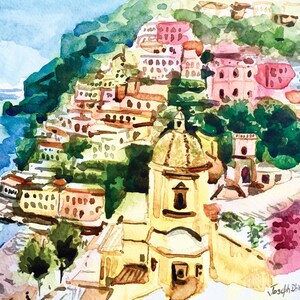 ポジターノ水彩画アートプリント、アマルフィ海岸プリント、イタリアアート、ポジターノ絵画、アマルフィ海岸ウォールアート、海の壁プリント、イタリア水彩画 画像 3