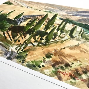 May include: Watercolor painting of a house with a brown roof and green trees in a landscape with rolling hills. The painting is signed "Joseph Silva 2018" in the lower right corner.