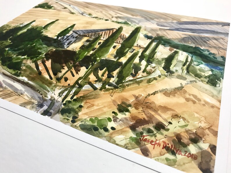May include: Watercolor painting of a house with a brown roof and green trees in a landscape with rolling hills. The painting is signed "Joseph Silva 2018" in the lower right corner.