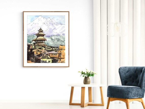 水彩画】三水公平/ヒマラヤ/ネパール/真作/絵画/額付き/山脈/山