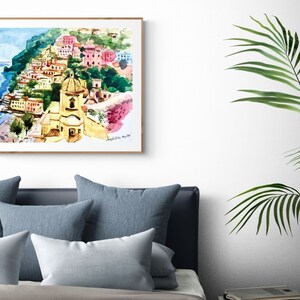 ポジターノ水彩画アートプリント、アマルフィ海岸プリント、イタリアアート、ポジターノ絵画、アマルフィ海岸ウォールアート、海の壁プリント、イタリア水彩画 画像 8